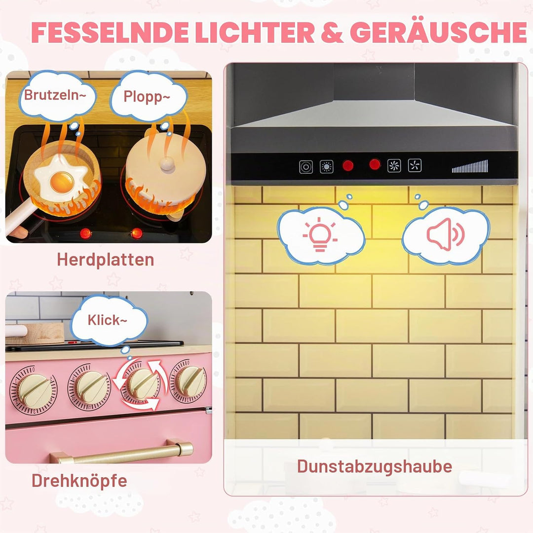 HOMASIS Spielküche mit 10 Zubehör, Kinderküche mit Spüle Herd Dunstabzugshaube Ofen Mikrowelle Tafel