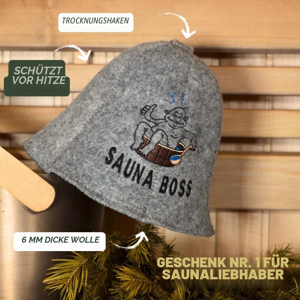 Saunahut für Damen und Herren aus Filz - Sauna Boss – Grau Saunahut für Herren und Damen aus 100Proz
