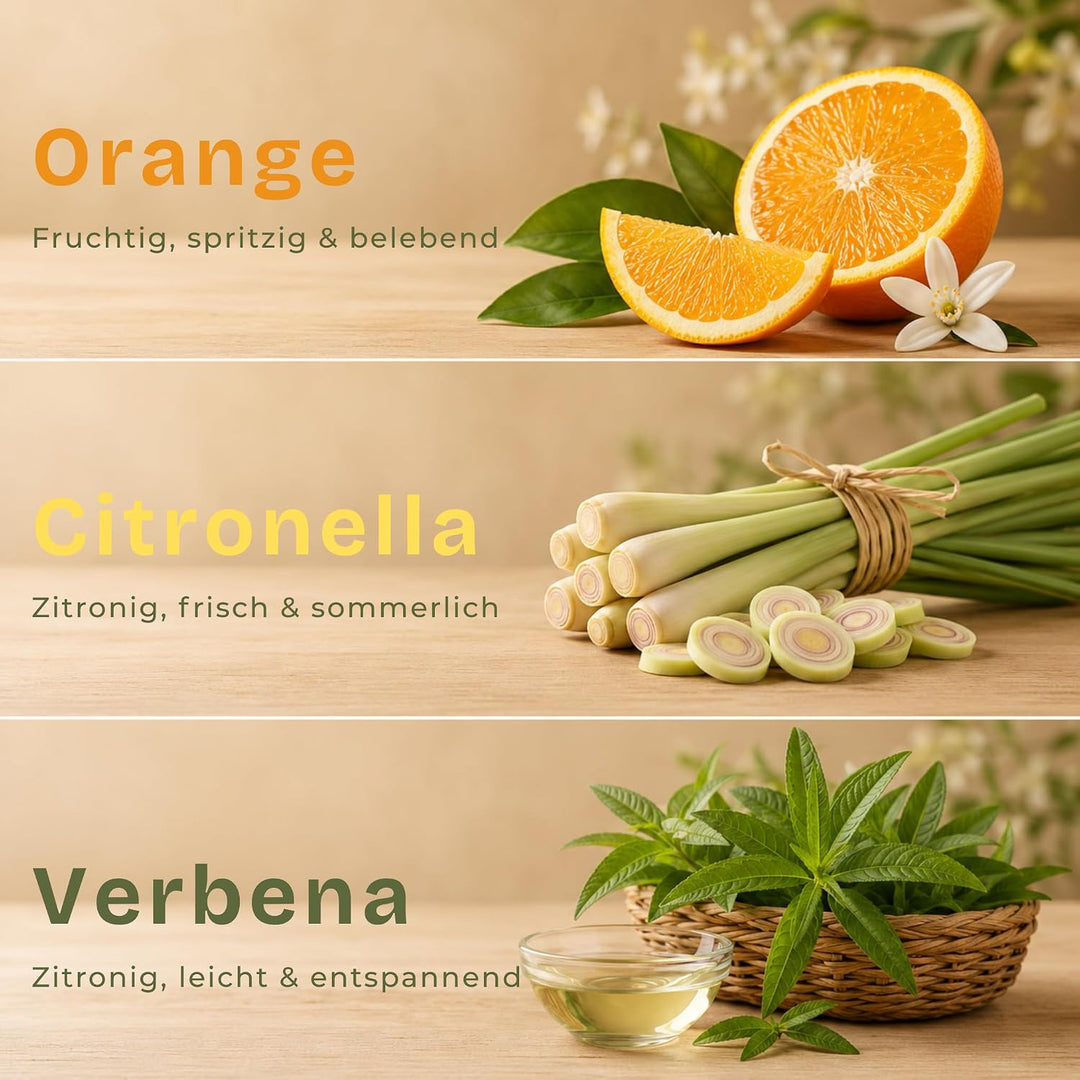 Kerzensand mit Duft Starter Set 3x150g inkl. Glas &amp; Deckel – [Orange/Citronella/Verbena] – 9 Dochte