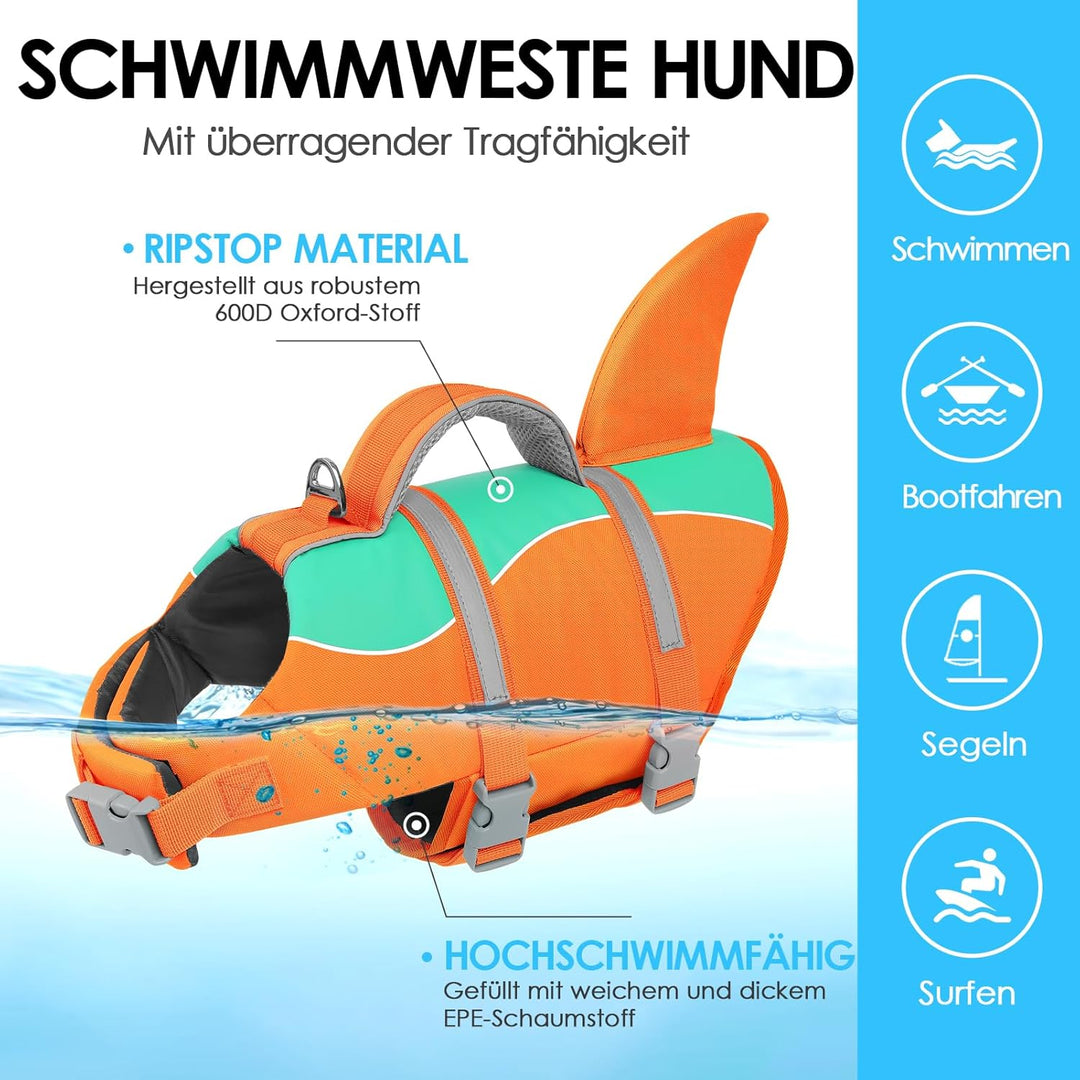 AOFITEE Schwimmweste Hund Klein, Verstellbar Hunde Schwimmweste Hai, Ripstop Hundeschwimmweste Klein