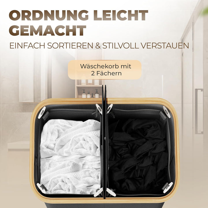 Wäschekorb mit 2 Deckel 2 Fächer 150 Liter Bambus-Stoff Grau Gross XXL - Wäschekorb Grau Dunkelgrau