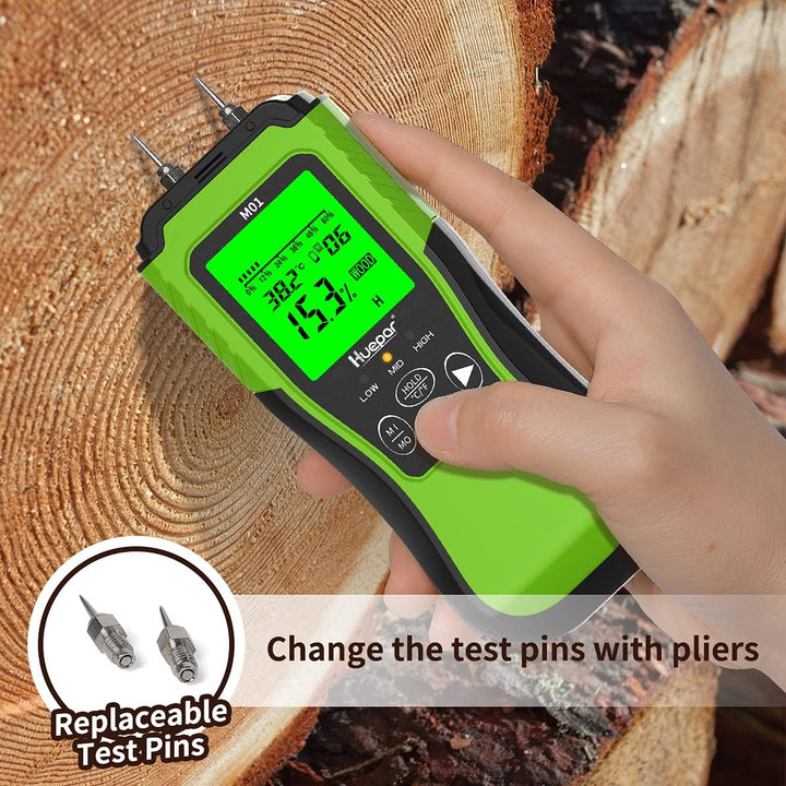 Huepar Digitales Holzfeuchtemessgrät, Pin–Type Wasserdetektur mit 2 Messmodi –8 Type von Messe der H