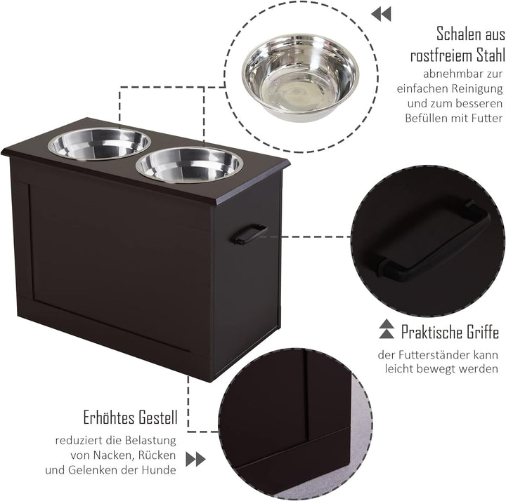 PawHut Hunde Fressnapf mit Staumraum 2 Näpfen Futterstation Edelstahlnapf Katzenapf Edelstahl Espres