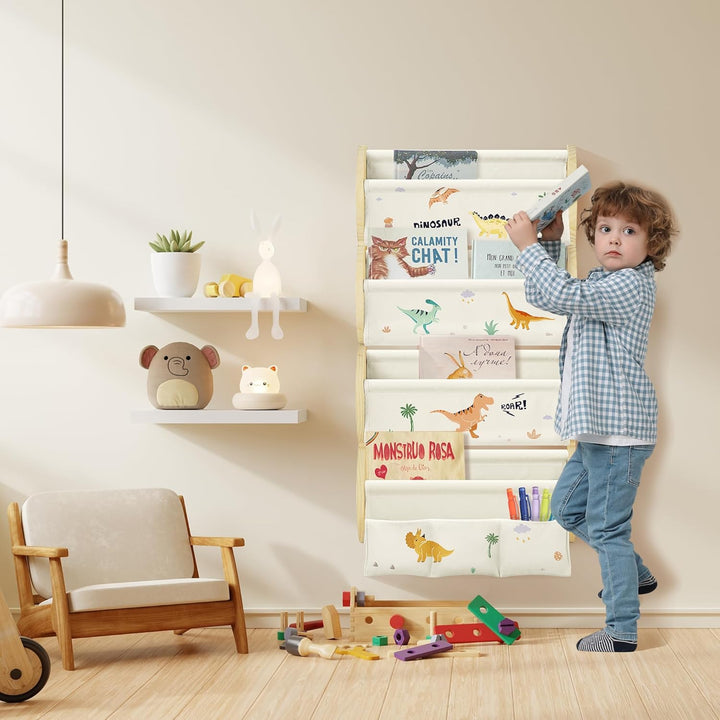 Bücherregal Kinder Wand Kinderbücherregal Montessori mit 4 Ablagen & 3 Taschen Kinderregal Wandregal
