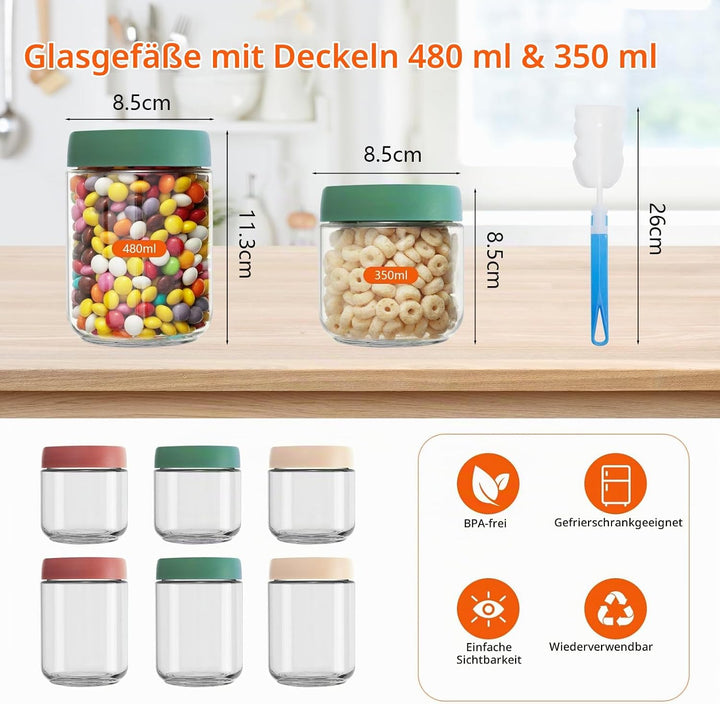 VINATO Meal Prep Gläser 6er Set mit Deckel | 3x480ml + 3x350ml Overnight Oats Behälter, Stapelbare J