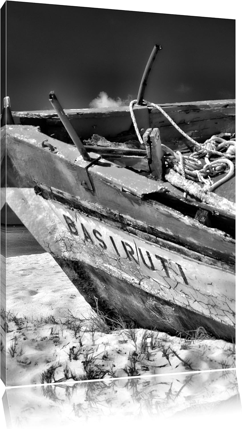 Monocrome, Boot am Strand, Format: 100x70 auf Leinwand, XXL riesige Bilder fertig gerahmt mit Keilra