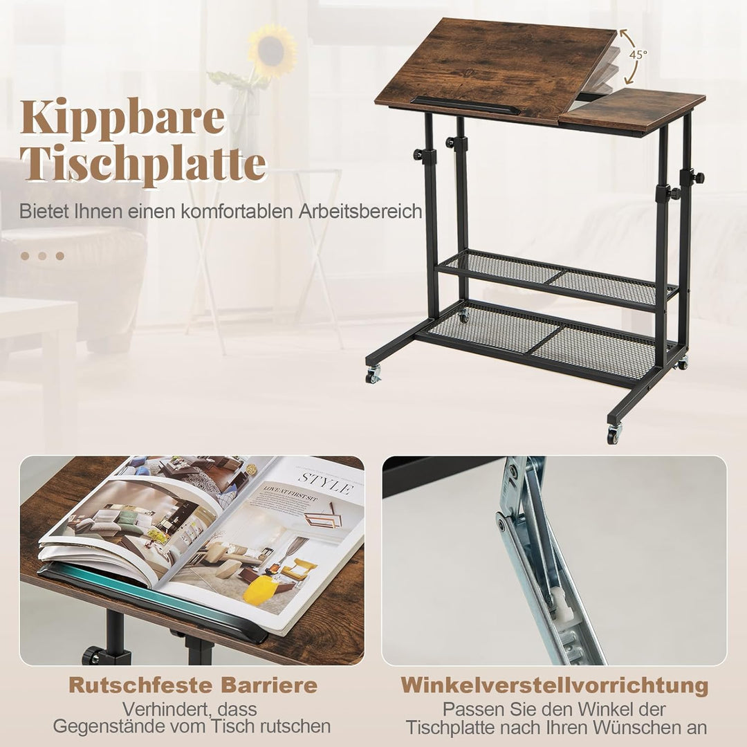 COSTWAY Betttisch auf Rollen höhenverstellbar, Pflegetisch mit neigbarer Tischplatte, Ablage & Kante