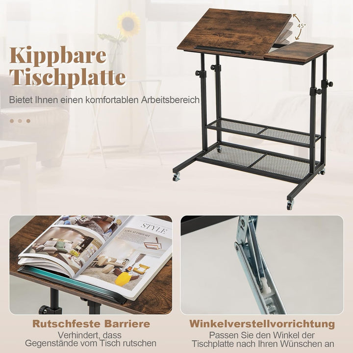 COSTWAY Betttisch auf Rollen höhenverstellbar, Pflegetisch mit neigbarer Tischplatte, Ablage & Kante