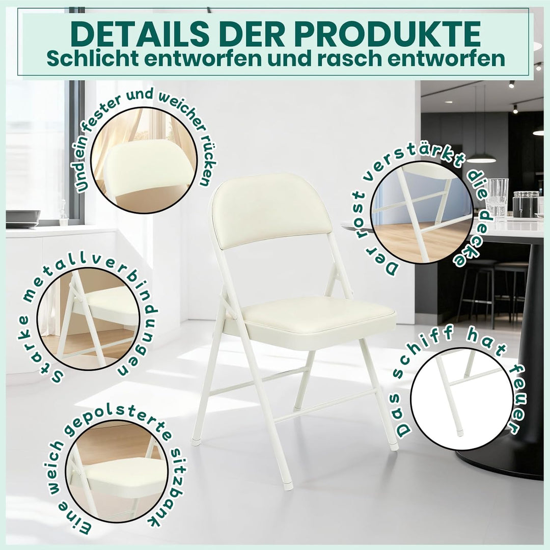 Klappstuhl 4er Set mit PU-Leder &amp; Polsterung, Stabiler Metallrahmen, Leicht &amp; Platzsparend, für Büro