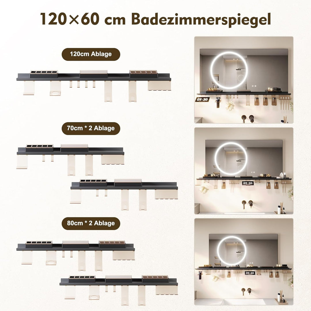 SONNI LED Badspiegel 120x60cm mit 120cm Ablage, Touch Badezimmerspiegel 3 Lichtfarben, Anti-Beschlag