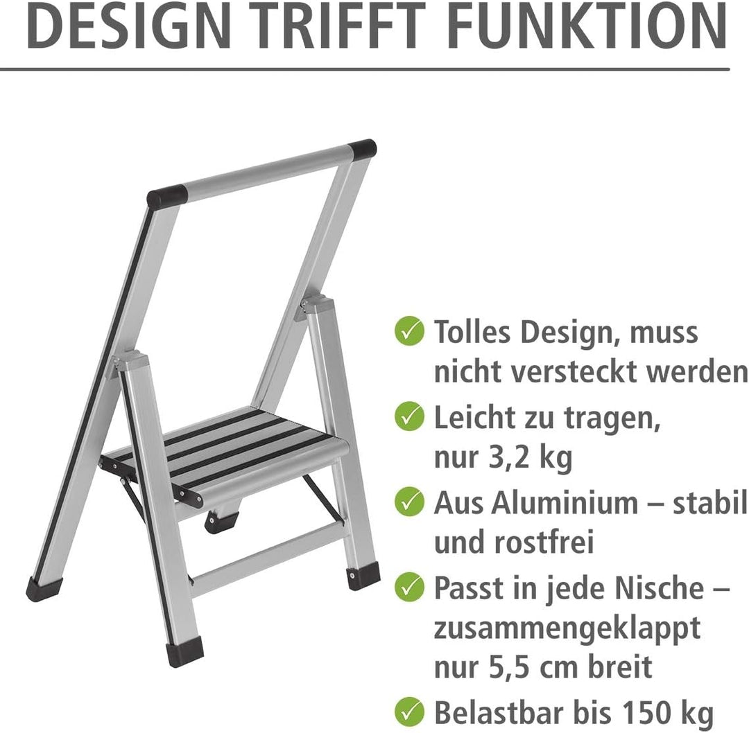 WENKO Leichte Aluminium Trittleiter mit 1 Stufe für 25 cm höheren Stand, rutschsichere XXL-Stufen, D
