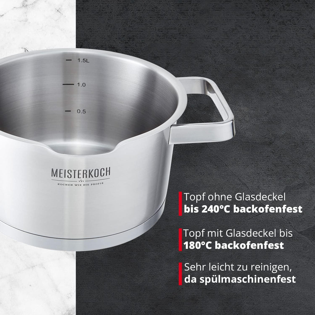 MEISTERKOCH Topf aus gebürstetem Edelstahl 16 cm Ø | mit Ausguss, Innenskalierung und isolierenden K