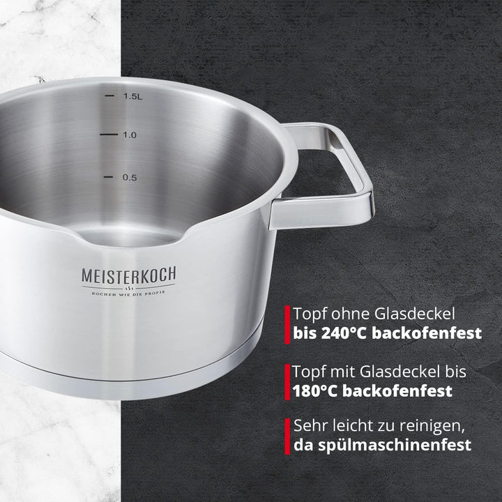 MEISTERKOCH Topf aus gebürstetem Edelstahl 16 cm Ø | mit Ausguss, Innenskalierung und isolierenden K