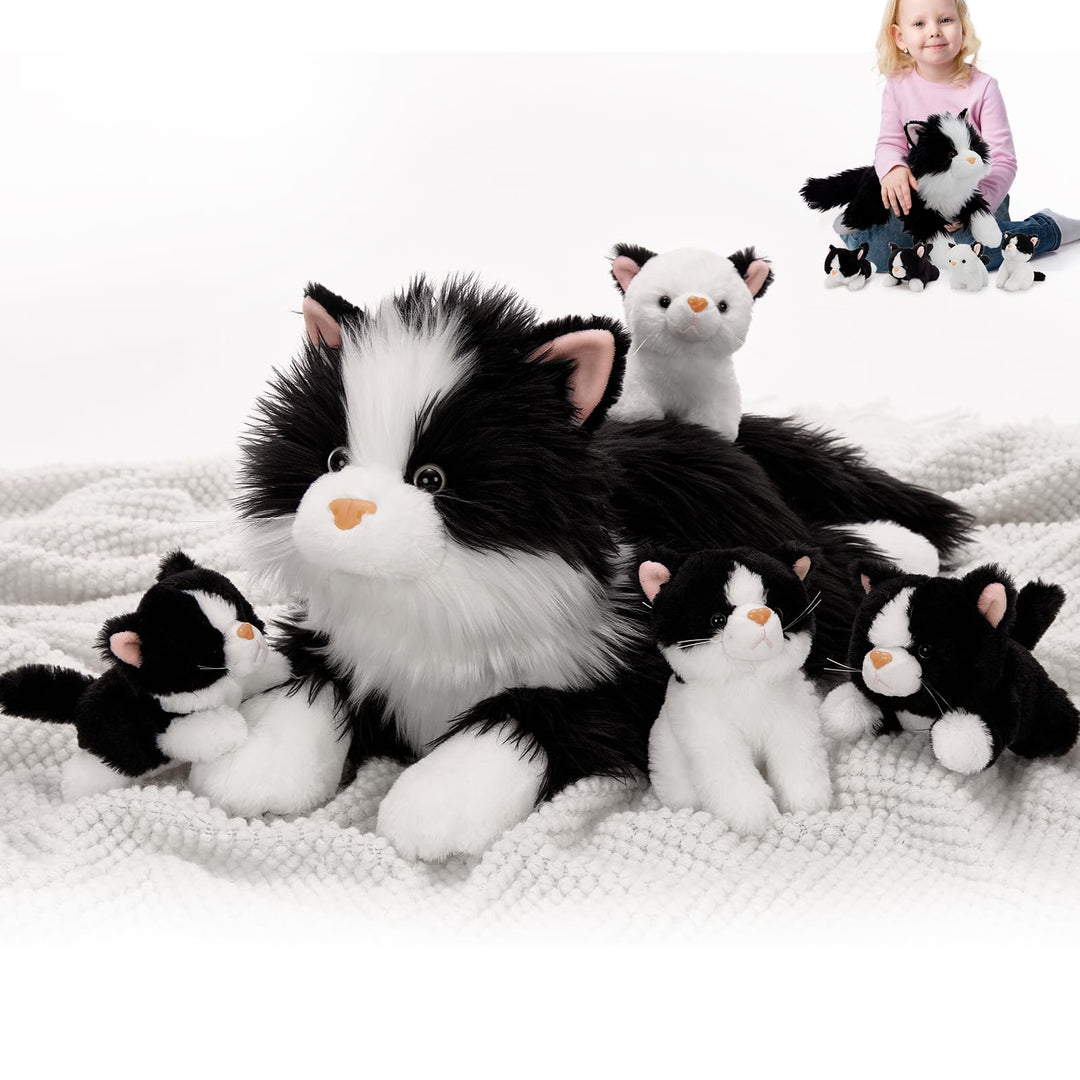MorisMos 5 stücke Schwarz Katze Kuscheltier XXL Set, 50cm lang riesen Katze Kuscheltier mit Babys im