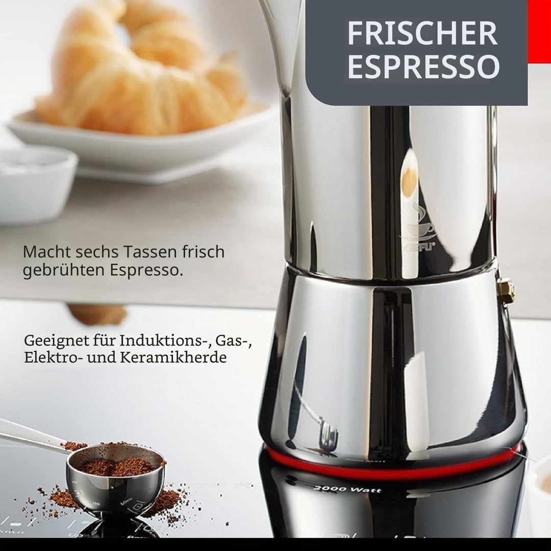 GEFU Espressokocher NANDO für 6 Tassen | Edelstahl-Kocher mit Reduziersieb, Ausgiessnase, Induktions
