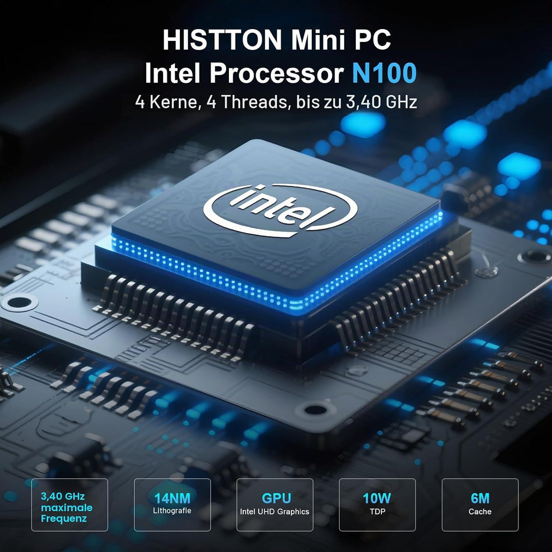 HISTTON N100 Mini PC Lüfterlos, DDR4 8GB RAM 128GB SSD, Industrie PC mit 2 RS232 COM, Dual LAN, WiFi