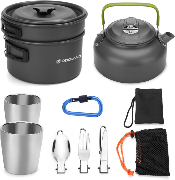Odoland Geschirr-Set für 1-2 Personen, Kochset mit tragbarem Aluminiumtopf Teekessel Tassen faltbare
