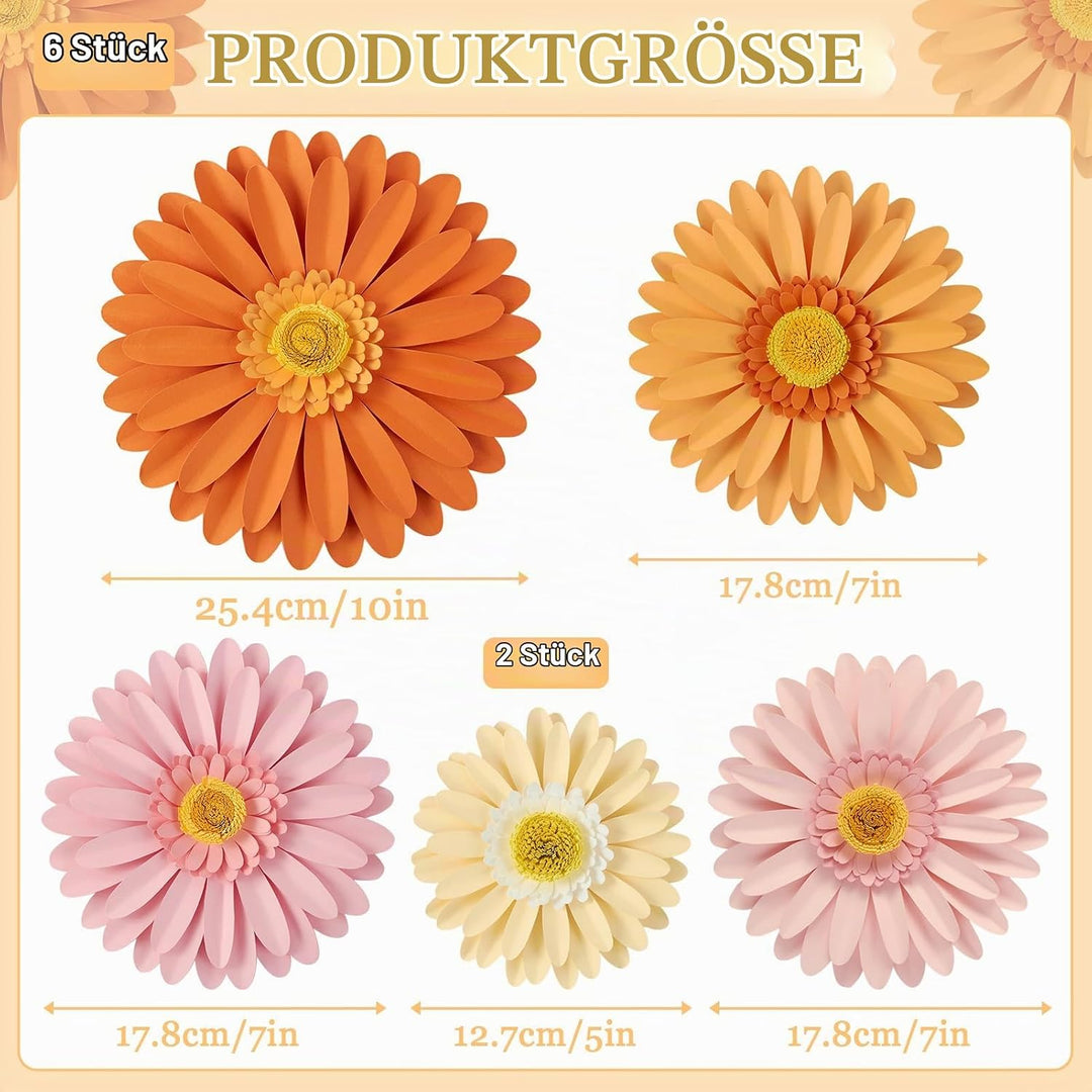 Easy Joy 6 Stück 3D Gänseblümchen Wanddeko,Papier Blumen Deko,Künstliche Blumen für Muttertag,Wohnzi