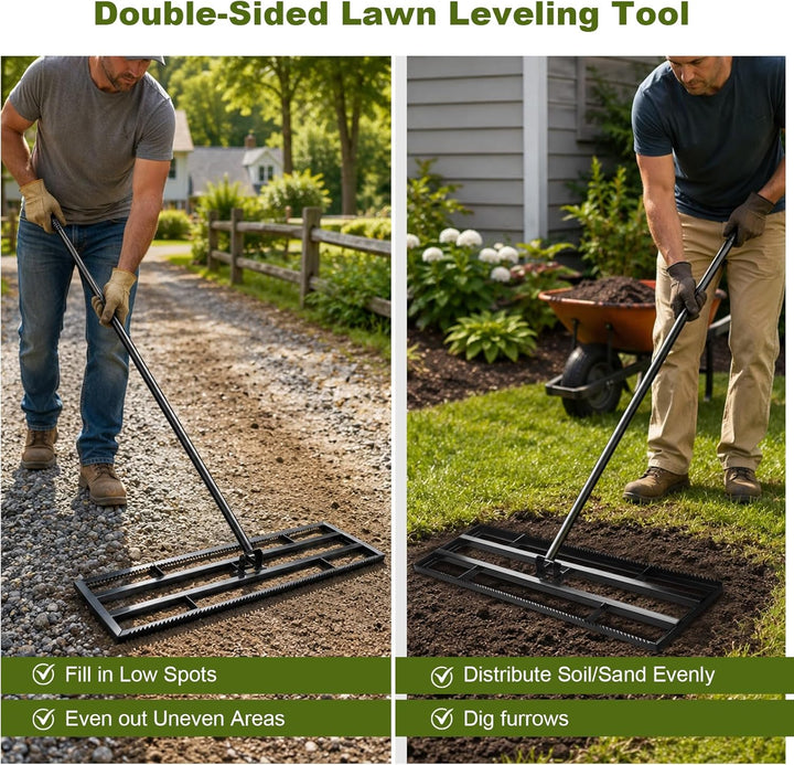 Rasen Nivellierrechen 43x25cm mit Gezahnte Seite und 199 cm Langer Griff, 2-In-1 Rasen-Nivelliergera