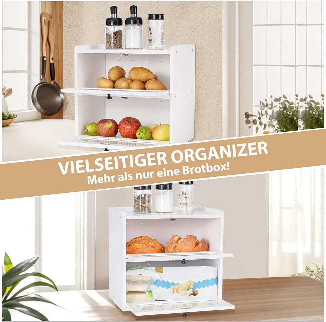 GUUSII HOME Brotkasten Gross Brotbox Küche Holz Gross Brotaufbewahrung 2 Etagen Brotkästen XL 36x24x