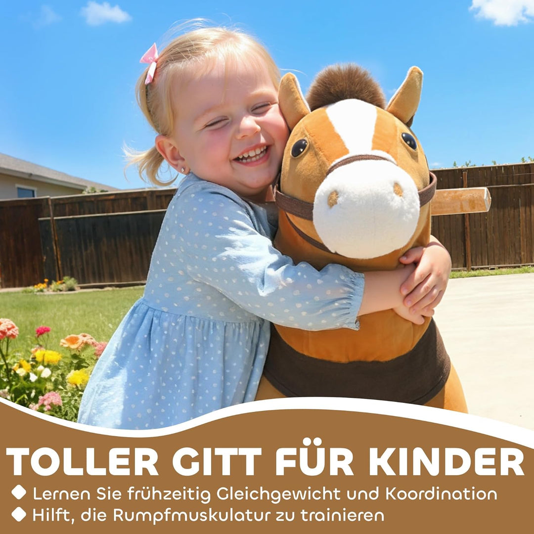 AIYAPLAY Reitpferd, Spielpferd zum Reiten mit Sattel Rollen, 75 cm Stehpferd, Plüschpferd für Kinder