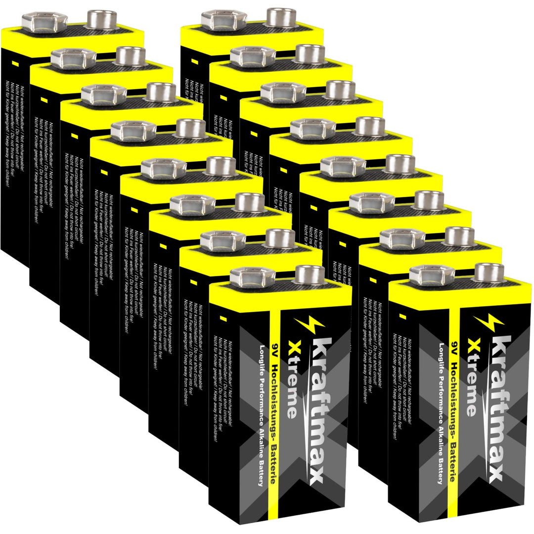 kraftmax 16er Pack Xtreme 9V Block Hochleistungs- Batterien ideal für 10 Jahres Rauchmelder - 6LR61