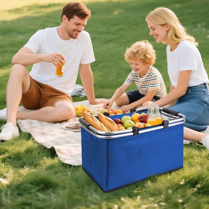 kühlkorb einkaufskorb 47L,Mit Reissverschluss isolierter, Faltbarer Picknickkorb,Klapprahmen aus Alu