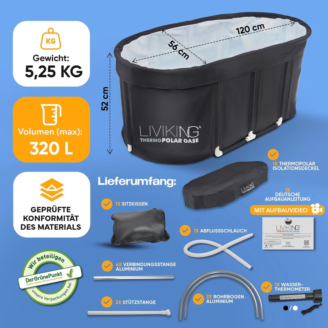 Eisbad 120 cm Komfort-Komplettset – faltbare Badewanne von LIVIKING® Schwarz 120 cm – Classic, Schwa