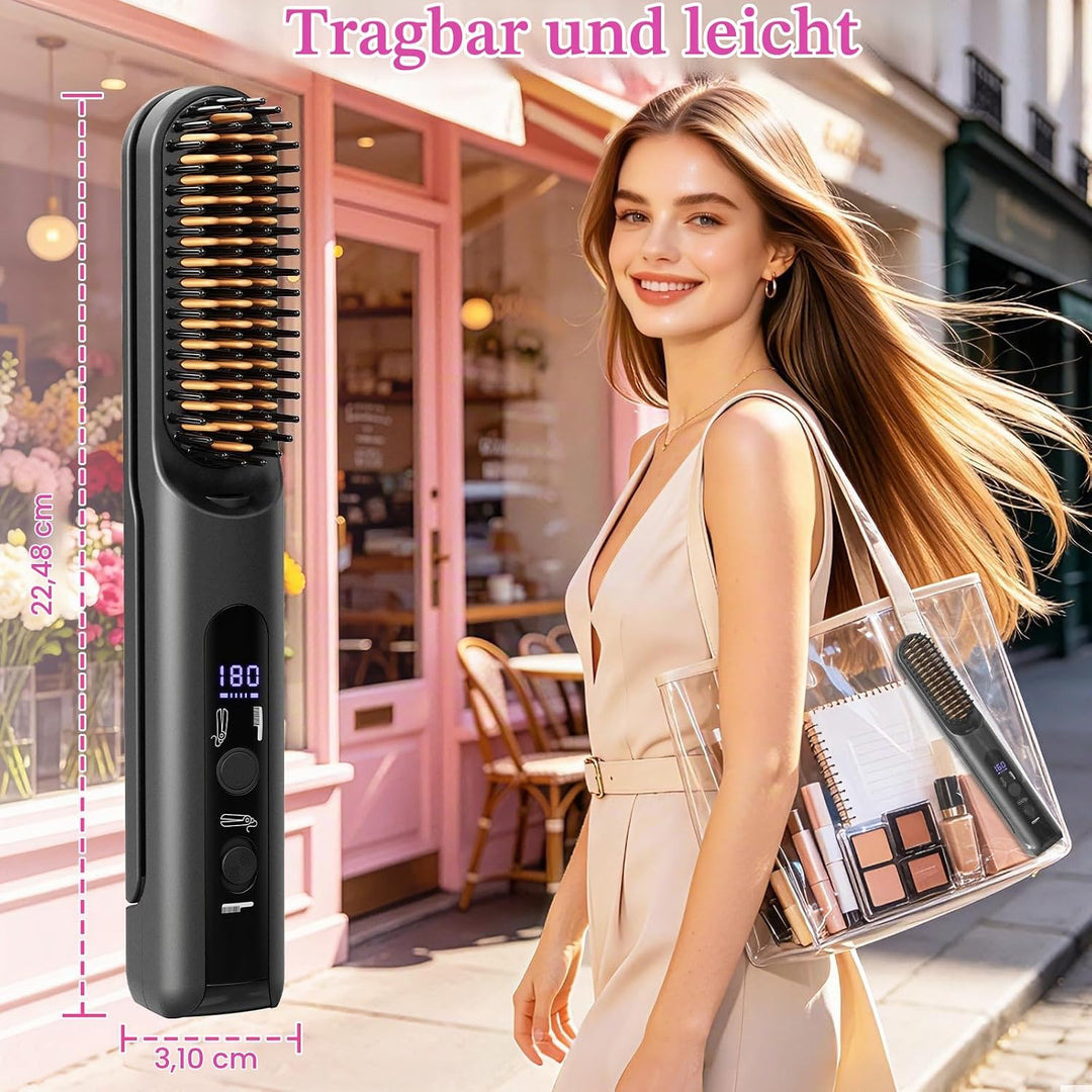 Tragbarer beheizbarer Reisekamm für Frauen, kabellose Haarglätterbürste, 2-in-1-Bürste zum Glätten u