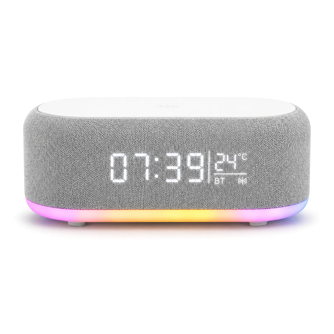 BYZESTY Radiowecker mit kabellosem Laden 15 W, Digitaler Radiowecker, Bluetooth, 6 in 1, mit Nachtli