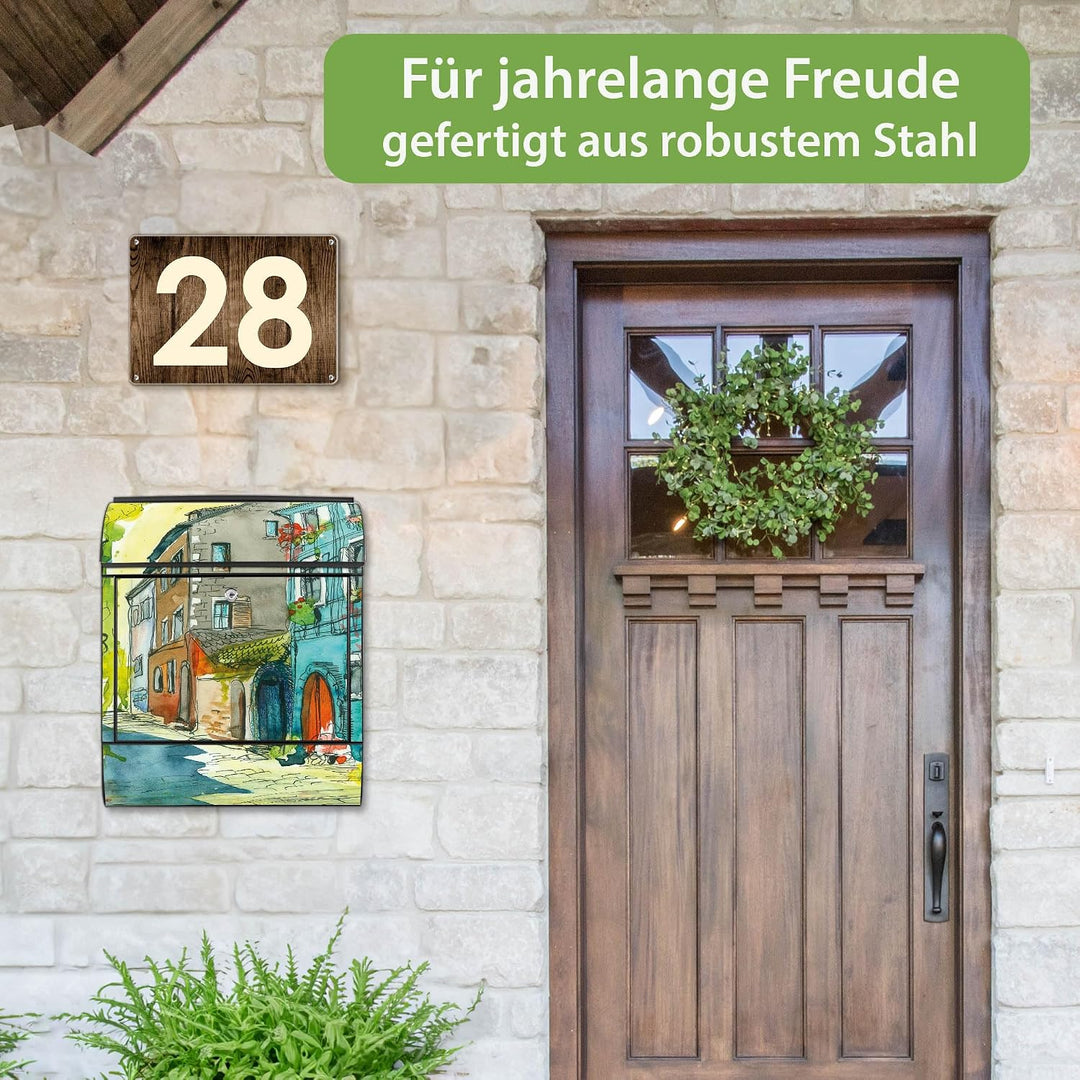 banjado® Design Briefkasten mit Motiv Historischer Stadtkern 39x47x14cm &amp; 2 Schlüssel - Briefkasten