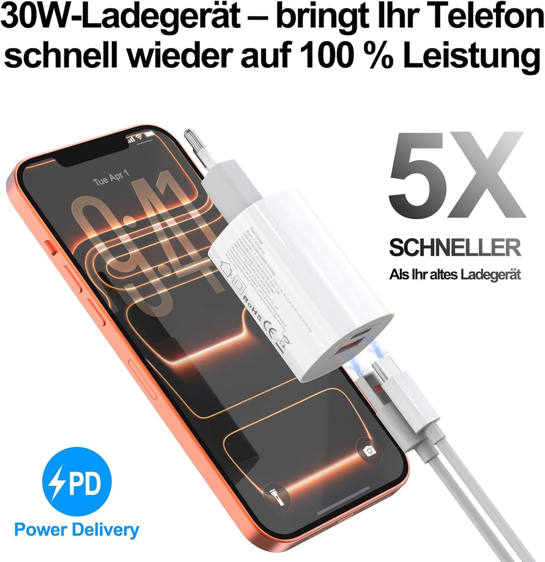 30W USB C Ladegerät 2-Pack Schnellladegerät Stecker mit 1.5M schnellladekabel für iPhone 17/16/15/14