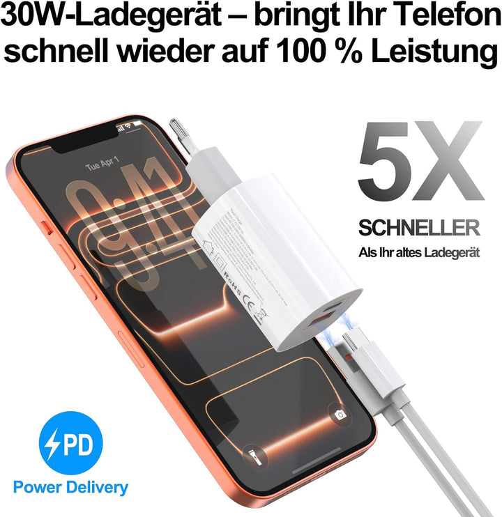 30W USB C Ladegerät 2-Pack Schnellladegerät Stecker mit 1.5M schnellladekabel für iPhone 17/16/15/14