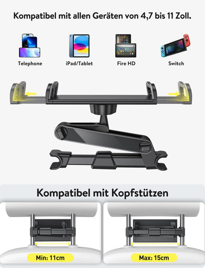 TRYONE Tablet Halterung Auto, Tablet Halter Kopfstütze - Ausziehbare KFZ-Kopfstützenhalterung für iP