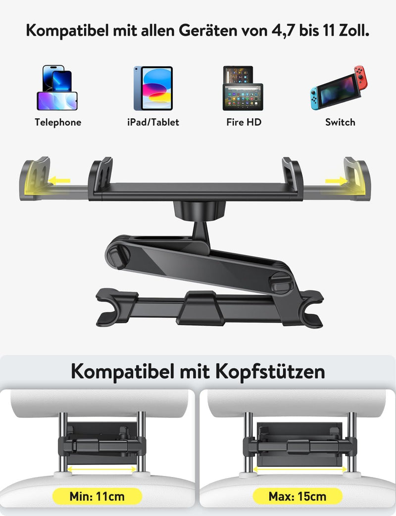 TRYONE Tablet Halterung Auto, Tablet Halter Kopfstütze - Ausziehbare KFZ-Kopfstützenhalterung für iP