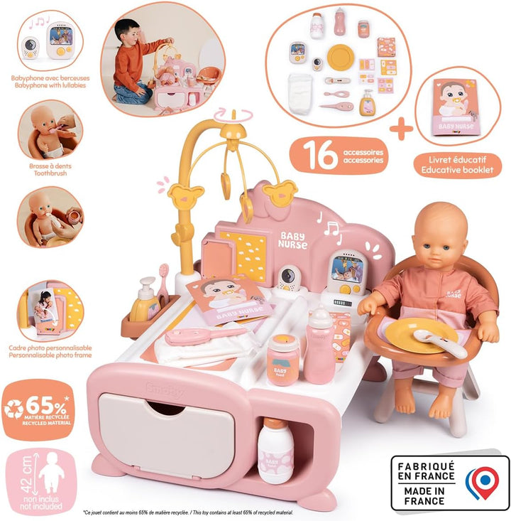 Smoby – Baby Nurse Cocoon 3-in-1 Puppenmöbel – Spielset mit Pflege-, Schlaf- & Essbereich – 16 Zubeh