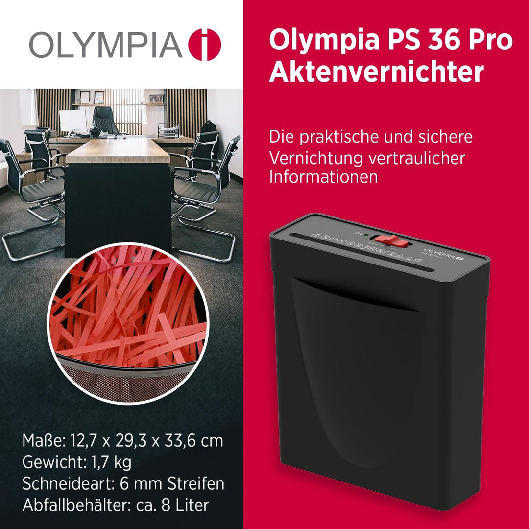 OLYMPIA PS 36 Pro Aktenvernichter | Papierschredder mit Streifenschnitt 6 mm | Schredder Aktenvernic