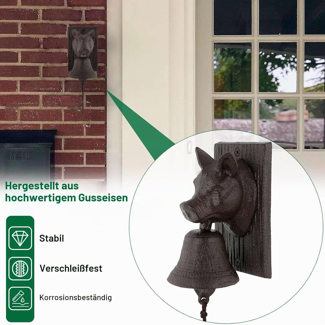 Retro Gusseisen Metall Aussendekoration für Bauernhof, Schweinekopf-förmige Dekoration, Hängeglocke