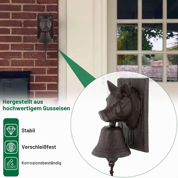 Retro Gusseisen Metall Aussendekoration für Bauernhof, Schweinekopf-förmige Dekoration, Hängeglocke