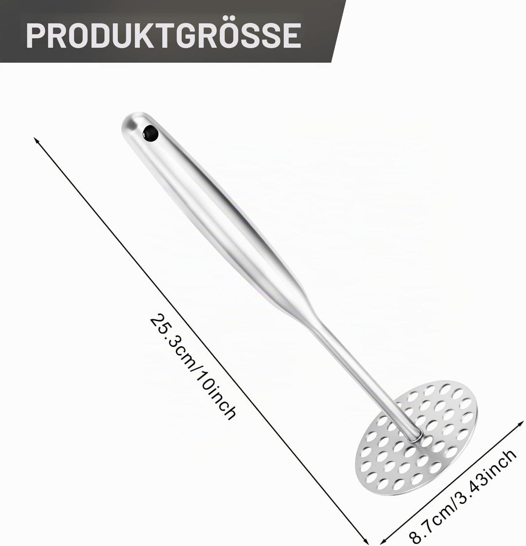 Kartoffelstampfer Edelstahl 25,3 cm mit Langem Griff,Stampfer Küche,Potato Masher für Spülmaschinenf