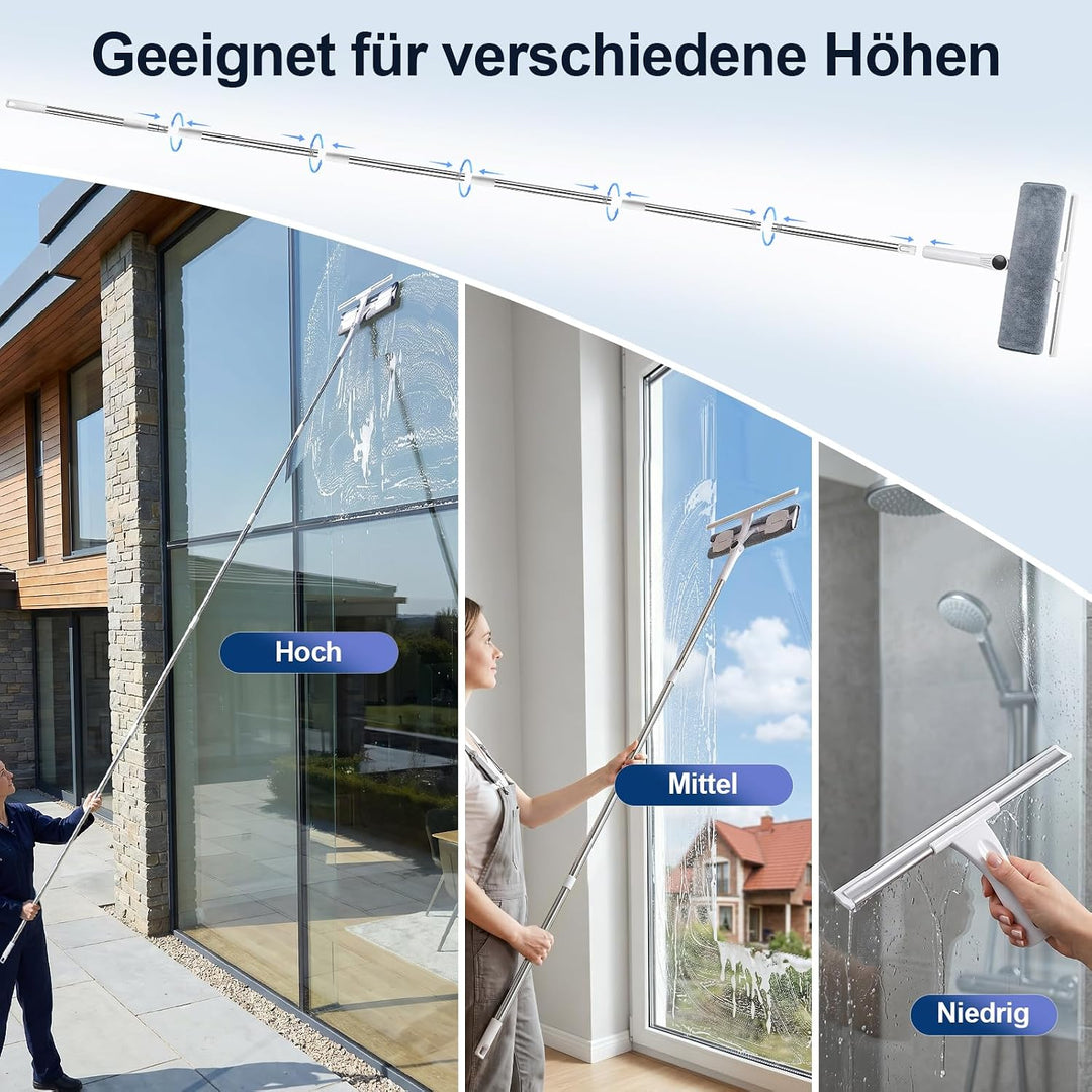 4m Teleskop Fensterputzer Set mit 2 Fensterabzieher für hohe Fenster | 2 in 1 Teleskopstange Fenster