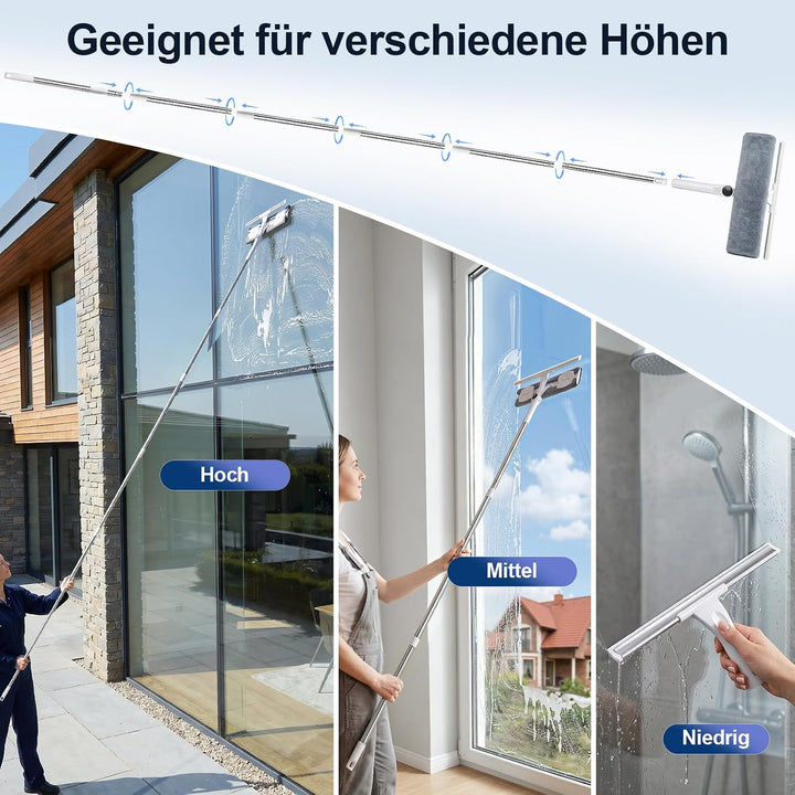 4m Teleskop Fensterputzer Set mit 2 Fensterabzieher für hohe Fenster | 2 in 1 Teleskopstange Fenster