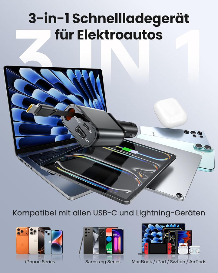 Zigarettenanzünder USB C, Super Kompakt Auto Ladegerät 57W Ladekabel Auto, 3 in 1 USB Kfz Ladegerät