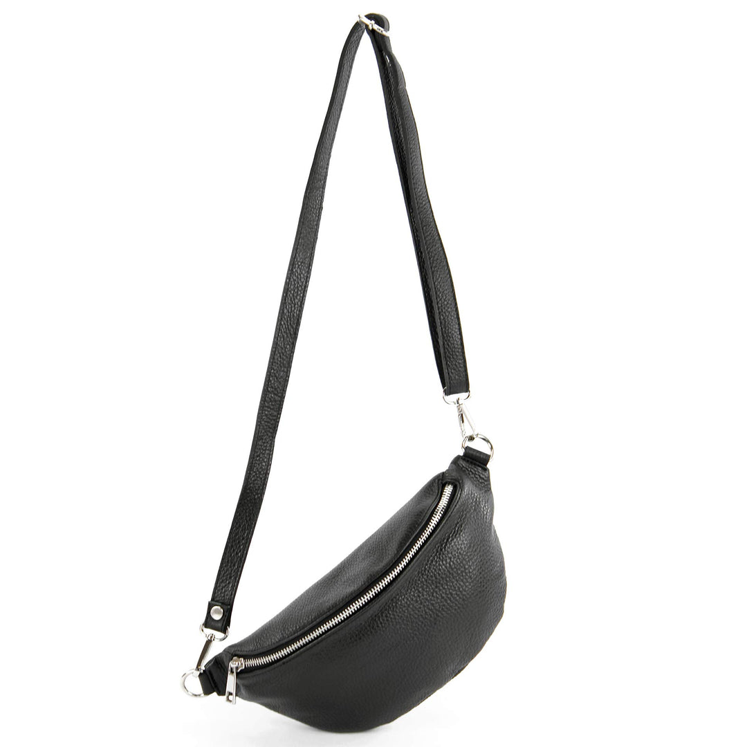 modamoda de - T211 - ital. Hüfttasche Bauchtasche Brusttasche Medium aus weichem Leder, Farbe:Schwar