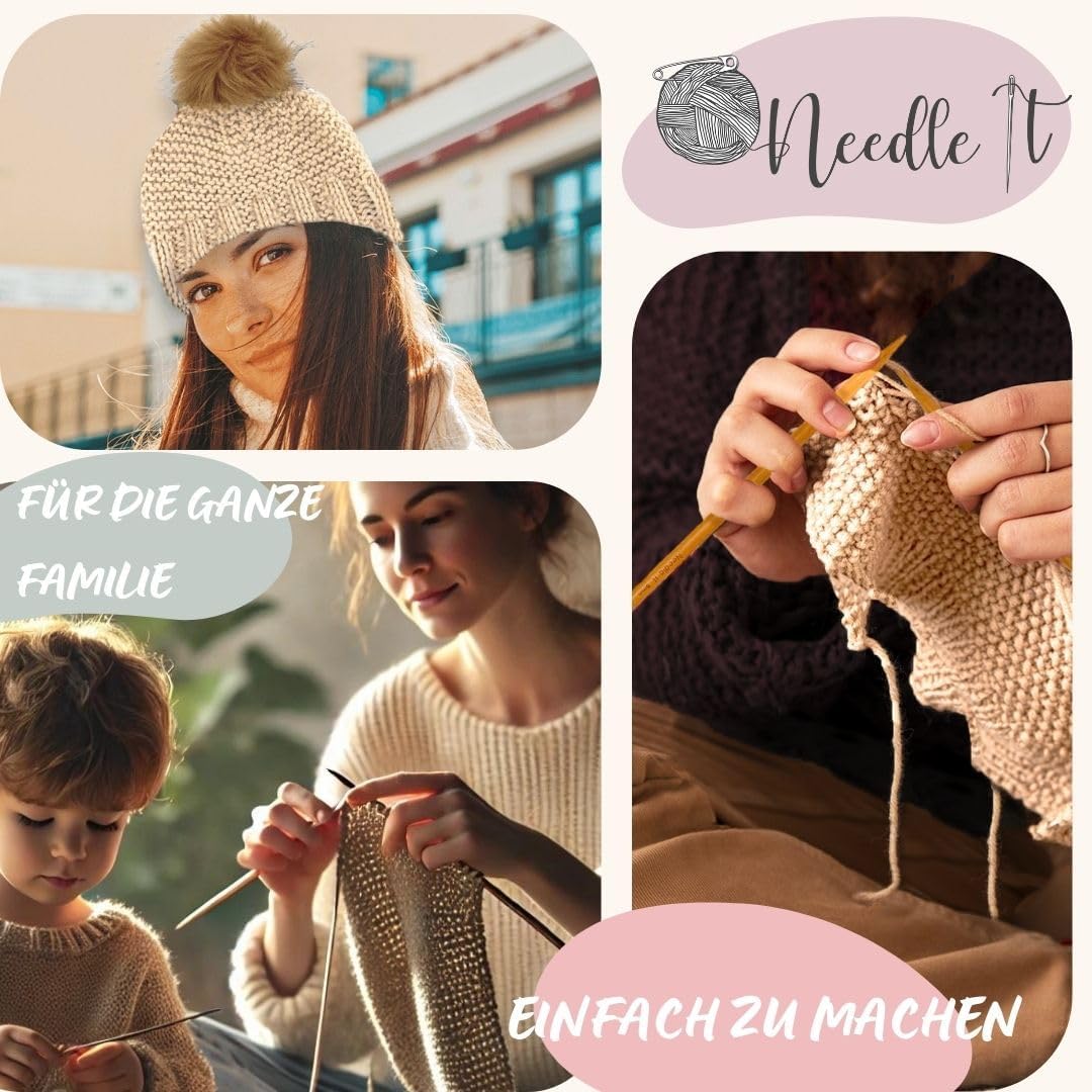 Needle It® Strickset Mütze komplett grau - Wollmütze zum Selberstricken für Kinder und Erwachsene -