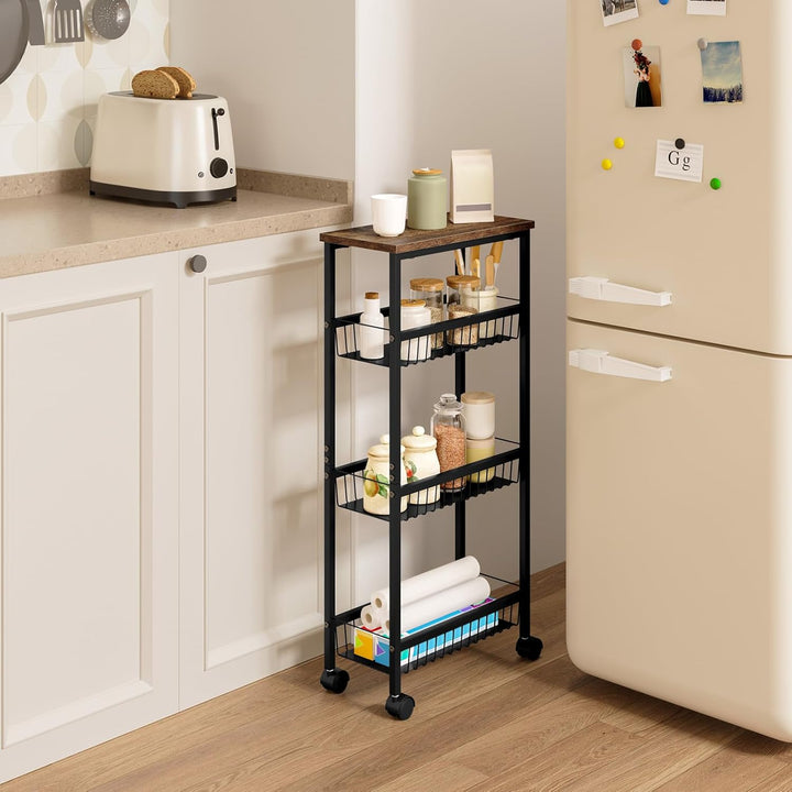 WOLTU Servierwagen, Küchenwagen mit Arbeitsplatte, 3 Metallkörben, Rollwagen mit Bremsen, Nischenreg