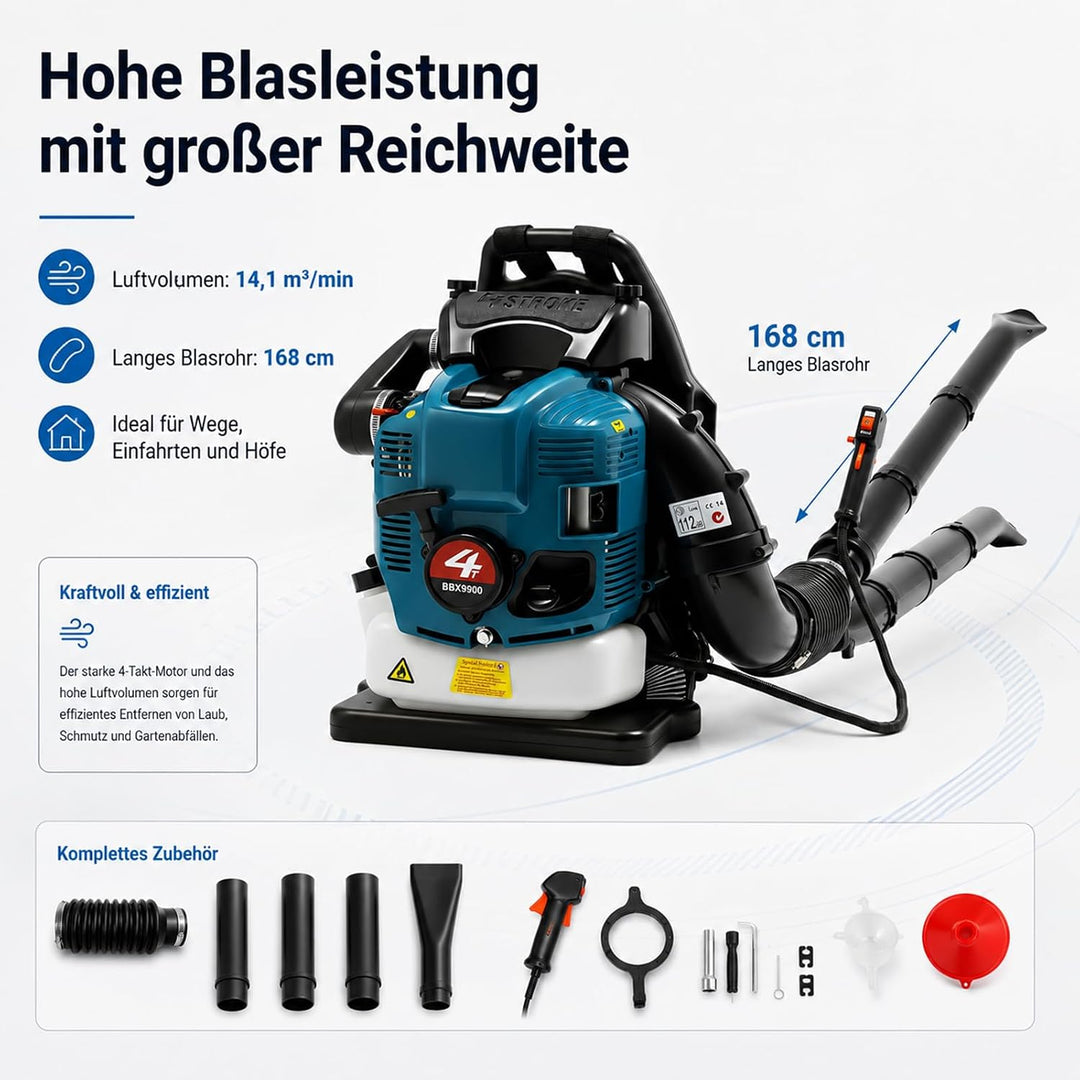 Laubbläser Benzin Rucksack 75,6 CCM 4-Takt 498 CFM Luftvolumen | 2600 W 7000 U/min Ideal für Rasenpf