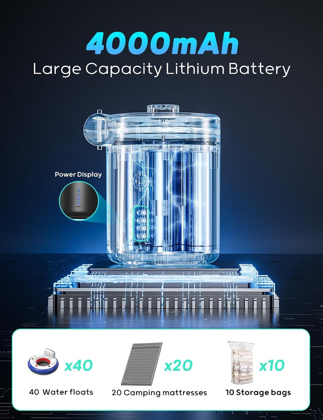 QPAU Elektrische Luftpumpe, Wiederaufladbare Akku Luftpumpe, Quick-Fill Inflator Deflator Luftpumpe