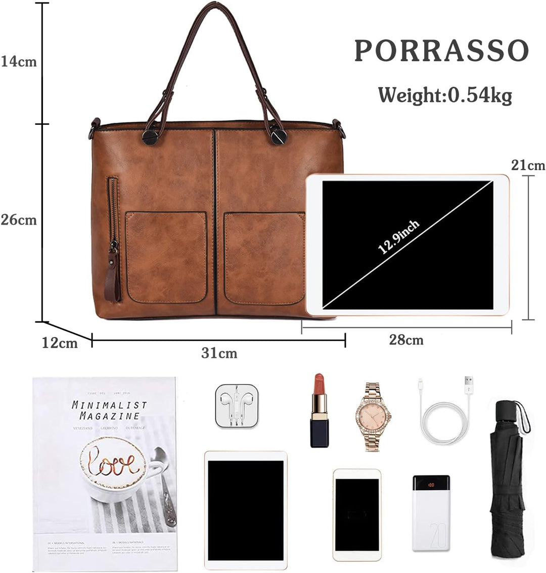PORRASSO Retro Handtasche Damen Schultertasche Gross Henkeltaschen Frauen PU Leder Umhängetasche für