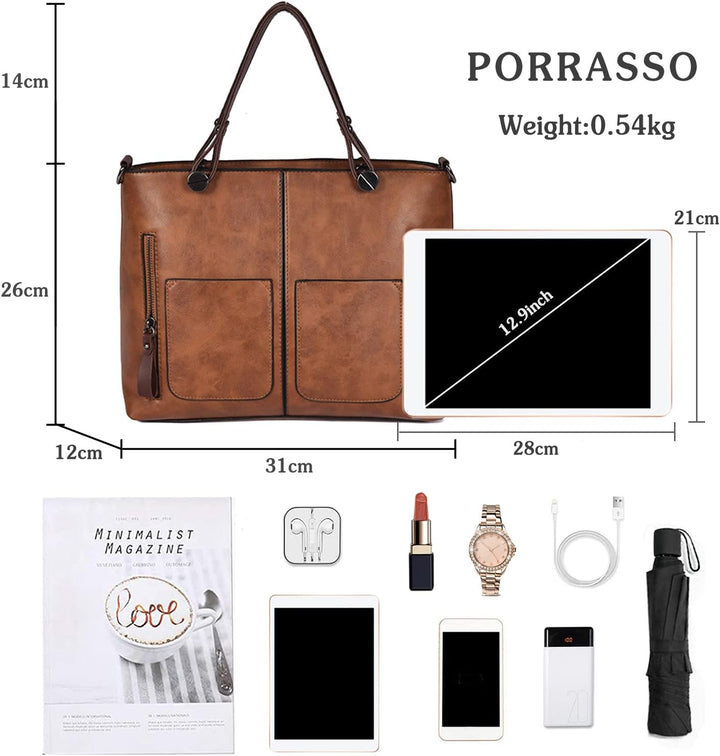 PORRASSO Retro Handtasche Damen Schultertasche Gross Henkeltaschen Frauen PU Leder Umhängetasche für